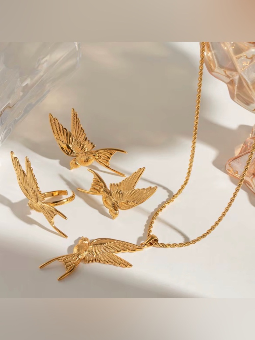Gold Bird Pendant Necklace and Stud Earrings Set Stainless Steel